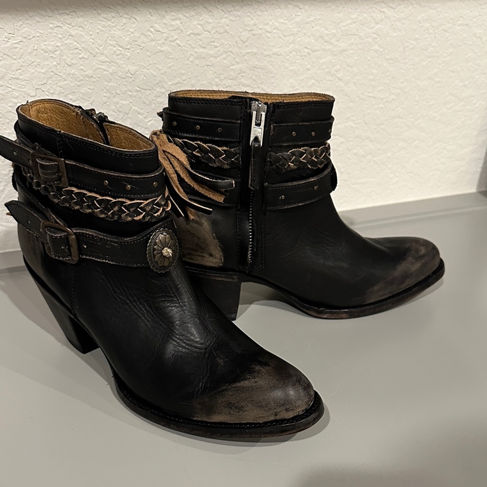 Black Leather Ankle Boots with Braided Straps